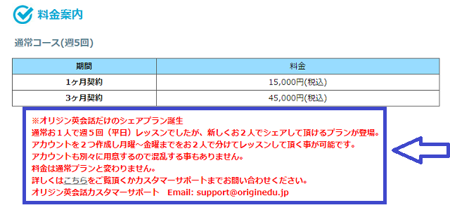 オリジン英会話の料金案内